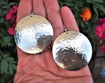 Hammered Silver Disk Earrings Large Metalwork Unique Earrings Modern Silver Handmade Earrings Minimal Simplistic Sterling Silver Earrings