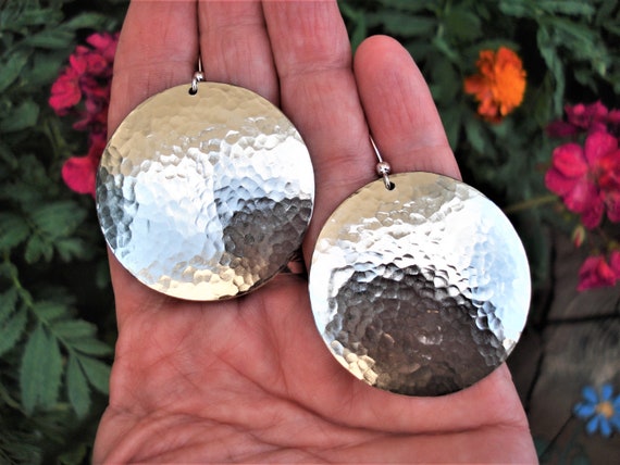 Hammered Silver Disc Earrings: Large Metalwork, Sterling Silver Hooks
