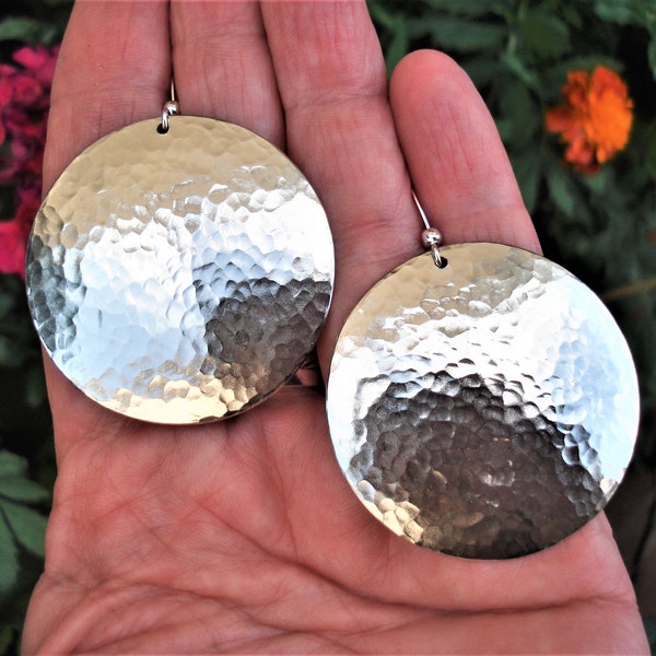 Hammered Silver Disk Earrings Large Metalwork Unique Earrings Modern Silver Handmade Earrings Minimal Simplistic Sterling Silver Earrings