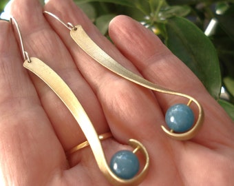 Long Stick Earrings Bronze and Blue Agates Earrings Minimalist Metalwork Boho Earrings Brass Bronze Earrings Modern Handmade Earrings