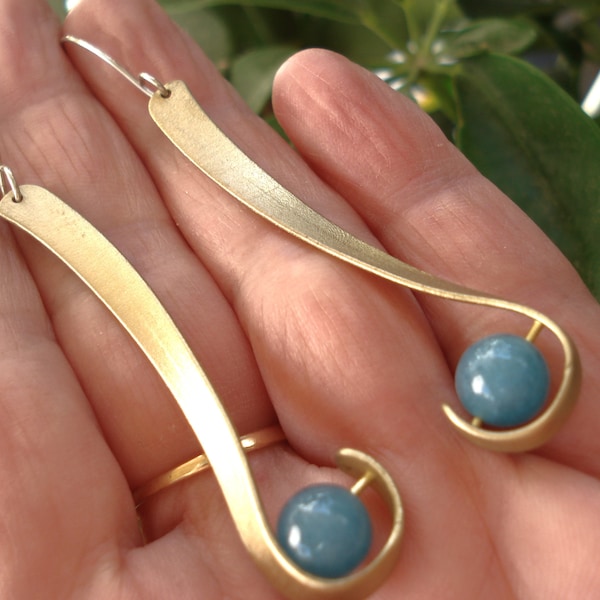 Long Stick Earrings Bronze and Blue Agates Earrings Minimalist Metalwork Boho Earrings Brass Bronze Earrings Modern Handmade Earrings