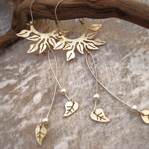 Long Leaf Hoop Earrings Bronze Leaves Earrings Pearls Leaf Very Long Earrings Wedding Hoop Earrings Unique Bridal Hoop Floral Earrings image 5