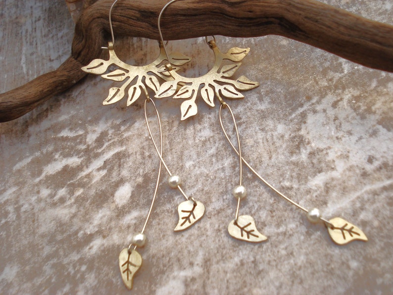 Long Leaf Hoop Earrings Bronze Leaves Earrings Pearls Leaf Very Long Earrings Wedding Hoop Earrings Unique Bridal Hoop Floral Earrings image 5