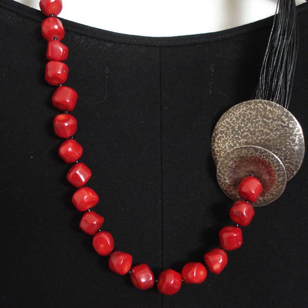 Hammered Silver Red Coral Statement Necklace  Black Multi Strand  Cord Necklace Unique Contemporary Chic Necklace Metalwork Necklace