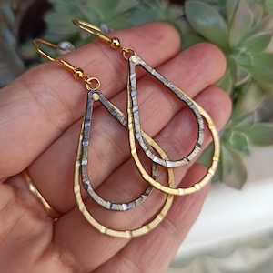 Mixed Metal Teardrops Earrings Brass Silver Wire Hoop Earrings Minimalist Double Layered Dangle Earrings Hammered Wires Modern Drop Earrings