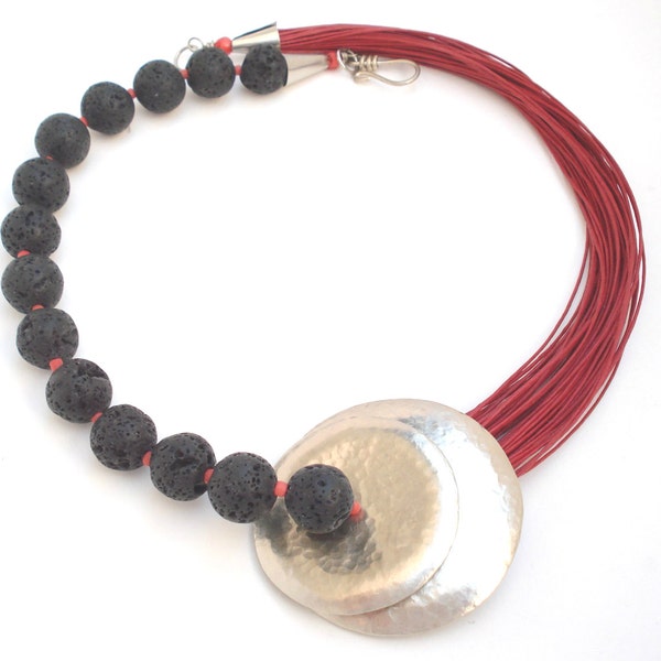 Handmade Statement Necklace-German Silver Necklace-Modern Chic Necklace-Contemporary Jewelry-Black Lava Beads-Red Wax Cord-Coral Seed Beads