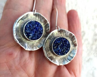 Hammered Oxidized Sterling Silver Lapis Lazuli Disk Earrings – Modern Statement Jewelry