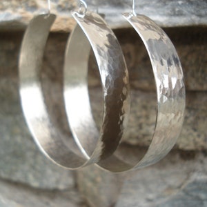 Hammered Silver Big Hoop Earrings Contemporary Unique Handcrafted Hoops Modern Minimalist Sterling Silver Metalwork Large Hoop Earrings image 1