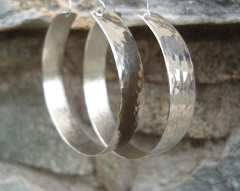 Hammered Silver Big Hoop Earrings Contemporary Unique Handcrafted Hoops  Modern Minimalist Sterling Silver Metalwork Large Hoop Earrings