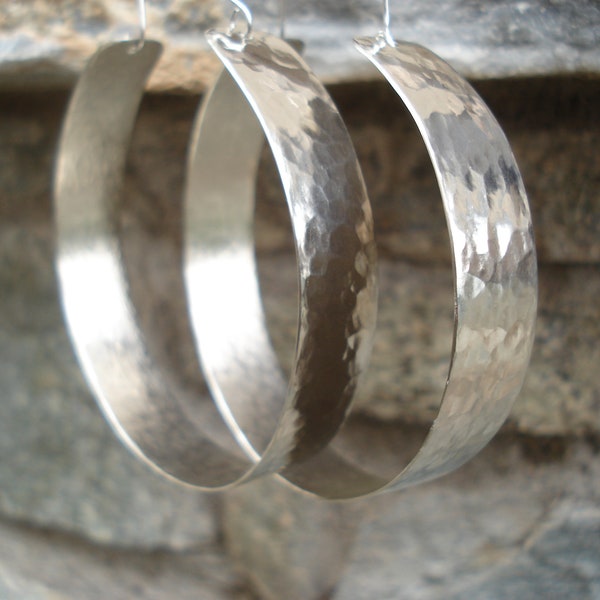 Hammered Silver Big Hoop Earrings Contemporary Unique Handcrafted Hoops  Modern Minimalist Sterling Silver Metalwork Large Hoop Earrings