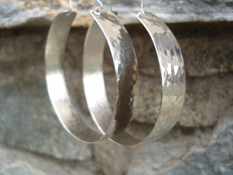 Hammered Silver Big Hoop Earrings Contemporary Unique Handcrafted Hoops Modern Minimalist Sterling Silver Metalwork Large Hoop Earrings image 1