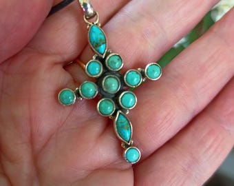 Turquoise Cross Necklace 925 Sterling Silver Unique Cross Pendant Turquoise Stones set in Sterling Silver Bezels Unisex Gemstone Crucifix