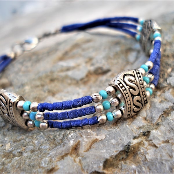 Nepal Ethnic Bracelet Turquoise and Lapis Lazuli Tibetan Silver Bracelet Traditional Blue  Silver Bracelet Tribal Gipsy Bohemian Bracelet