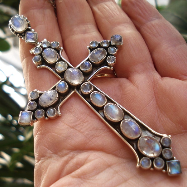 Large Natural Moonstone Cross Huge Cross Pendant set in Sterling Silver 925 Bezels Moonstone Cross Necklace set in 925 Sterling Silver Chain