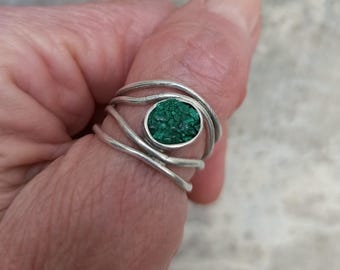 Malachite Silver Ring Green Gemstone Adjustable Ring Modern Oval Ring