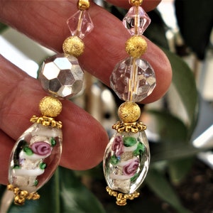 Venetian Murano Floral Beads Earrings Unique Handcrafted Czech crystal & Italian Lampwork Art Beads Bridal Earrings Pink and Gold Earrings