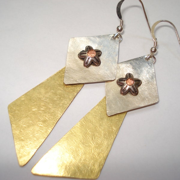 Mixed Metal Earrings Hammered Silver Bronze Cold Connected Earrings Contemporary Geometric Earrings Sterling Silver Earrings
