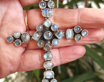 Large Natural Moonstone Cross set in Sterling Silver 925 Huge Cross Pendant Moonstone Cross Necklace set in 925 Sterling Silver Chain