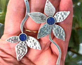 Hammered Silver Asymmetrical Earrings with Blue Lapis Raw Stones Modern Statement Sterling Silver Plated Earrings Unique Large Boho Earrings