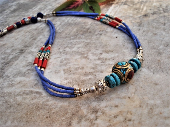 Nepalese Necklace Tibetan Turquoise Coral Lapis L… - image 3