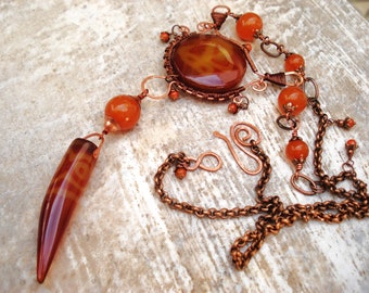 Wire Wrapped Baltic Amber Necklace Tibetan DZI Agates  Necklace Handmade Unique Wire Art Gemstones Necklace Long Amber and Agates Jewelry