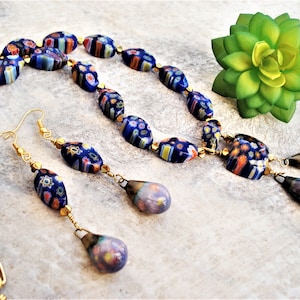 Set Millefiori Necklace and Earrings Italian Murano Glass Beads Lampwork and Porcelain Beads Necklace Blue and Gold Hematite Unique Necklace image 2