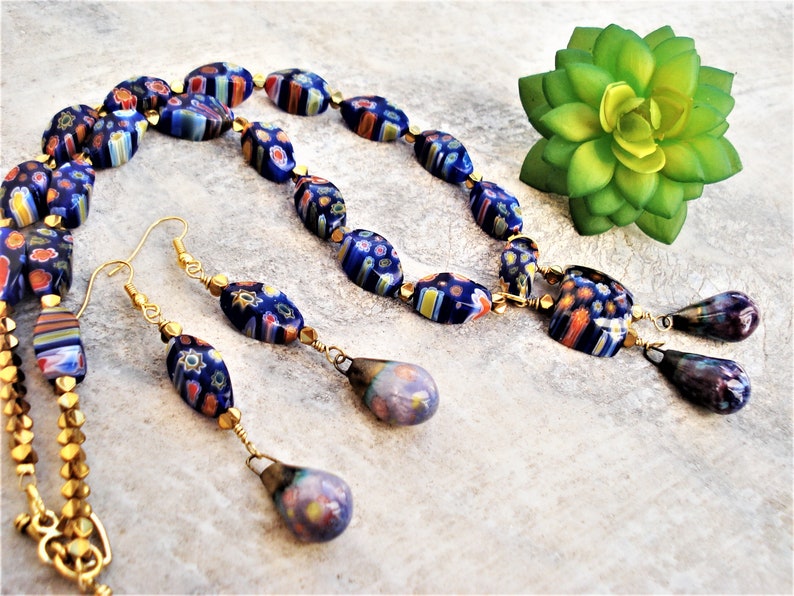 Set Millefiori Necklace and Earrings Italian Murano Glass Beads Lampwork and Porcelain Beads Necklace Blue and Gold Hematite Unique Necklace image 2