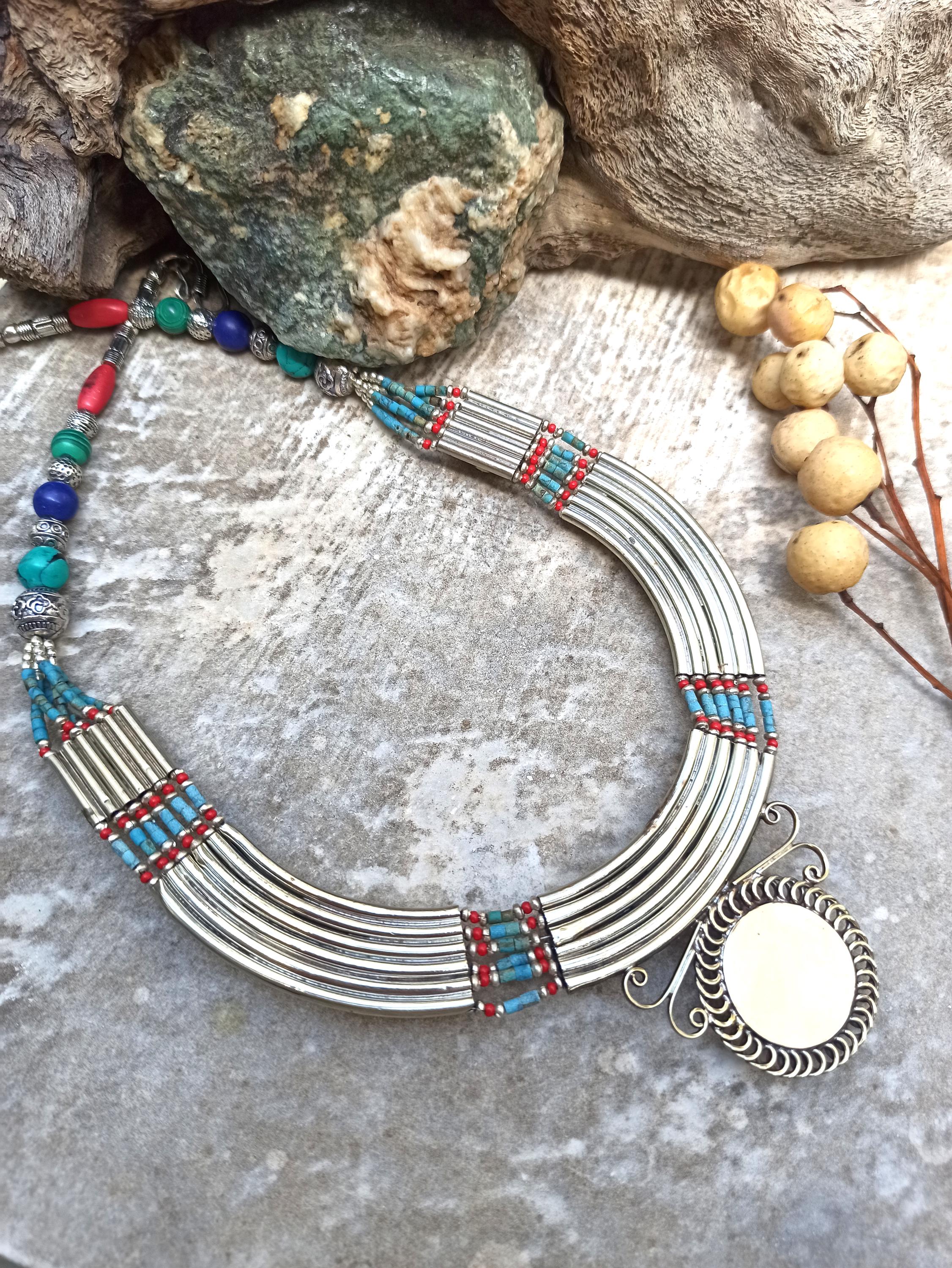 Collier Népalais En Argent Sterling 925 - Turquoise Tibétaine Naturelle - Longueur 18 Pouces - Fait Main - Neuf Sans Emballage