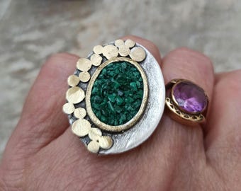 Mixed Metal Large Ring Malachite Raw Stones Ring Silver Bronze and Gemstones Ring Unique Statement Ring Adjustable Big Oval Metalwork Ring