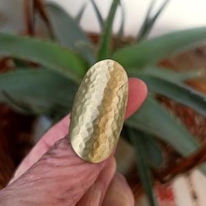 Op de afbeelding: Een gehamerde messing ring met een langwerpige ovale vorm. De ring heeft een getextureerd oppervlak met een patroon van kleine, onregelmatige inkepingen. De ring wordt tussen twee vingers gehouden, met een vage groene plant op de achtergrond.