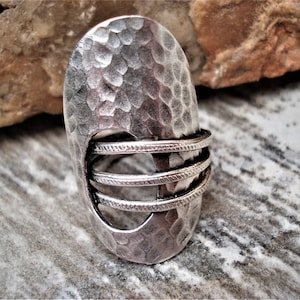 Hammered Silver Cuff Ring Unique Modern Statement Ring Adjustable Three Bands Ring Big Oval Ring Wide Band Ring Sterling Silver Plated Ring