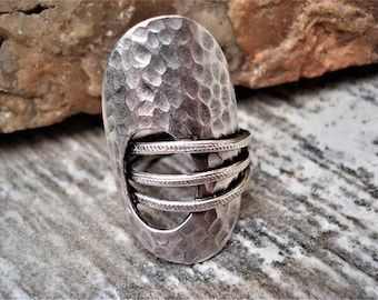 Hammered Silver Cuff Ring Unique Modern Statement Ring Adjustable Three Bands Ring Big Oval Ring Wide Band Ring Sterling Silver Plated Ring