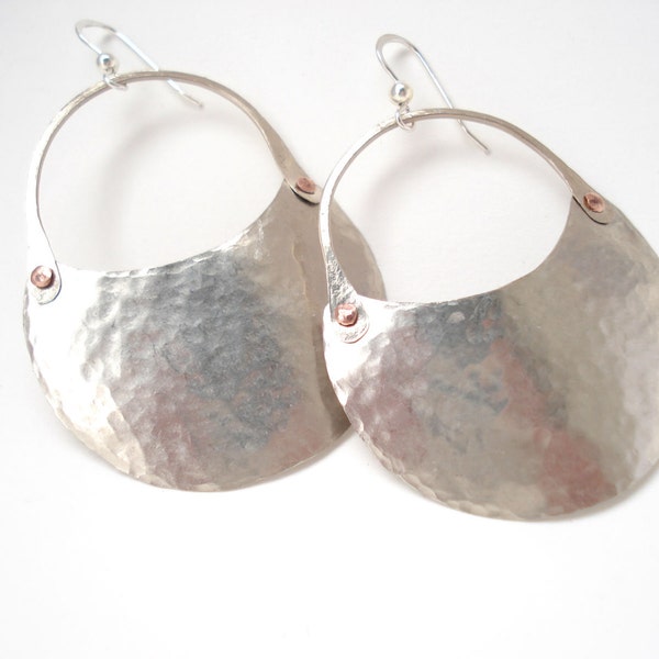 Hammered Silver Riveted Hoops Contemporary Crescent Earrings Cold Connection Handmade Silver Hoop Earrings Modern Hoop Earrings