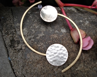 Asymmetrical Earrings Hammered Silver Mixed Metal Earrings Statement Sterling Silver Plated Earrings Unique Minimal Modern Long Earrings