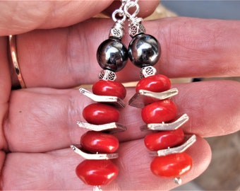 Red Corals and Hematite Sterling Silver Earrings Unique Handcrafted Red and Black Earrings Bamboo Corals Hematite Sterling Silver Earrings