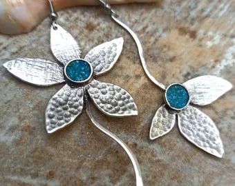 Hammered Silver Flower Earrings with Apatite, Asymmetrical Boho Jewelry