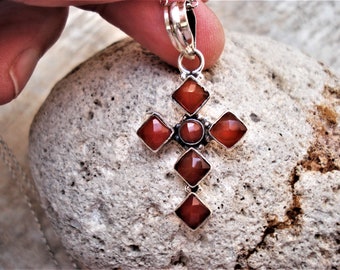 Natural Carnelian Cross Necklace 925 Sterling Silver Unique Cross Pendant Carnelian Stones set in Sterling Silver Bezels Gemstone Cross