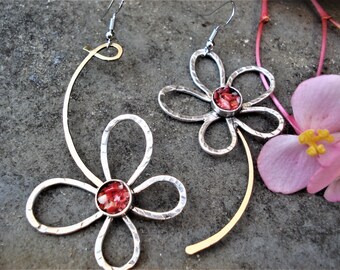 Hammered Silver and Bronze Asymmetrical Flower Earrings with Coral Raw Stones Modern Statement Earrings Unique Mixed Metal Boho Big Earrings