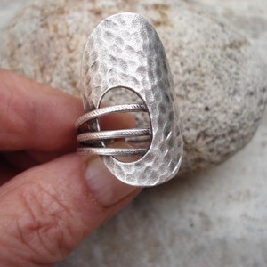 Hammered Silver Cuff Ring Unique Modern Statement Ring Adjustable Three Bands Ring Big Oval Ring Wide Band Ring Sterling Silver Plated Ring image 2