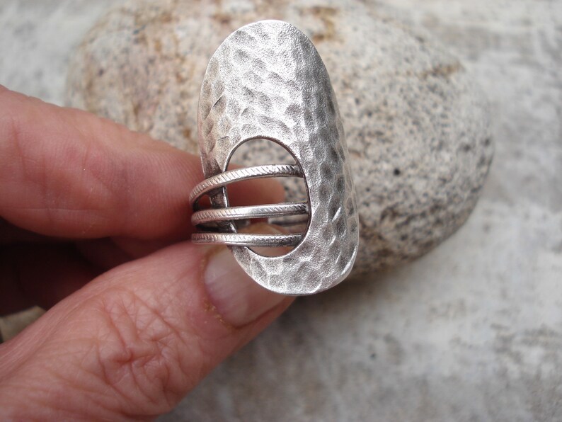 Hammered Silver Cuff Ring Unique Modern Statement Ring Adjustable Three Bands Ring Big Oval Ring Wide Band Ring Sterling Silver Plated Ring image 2