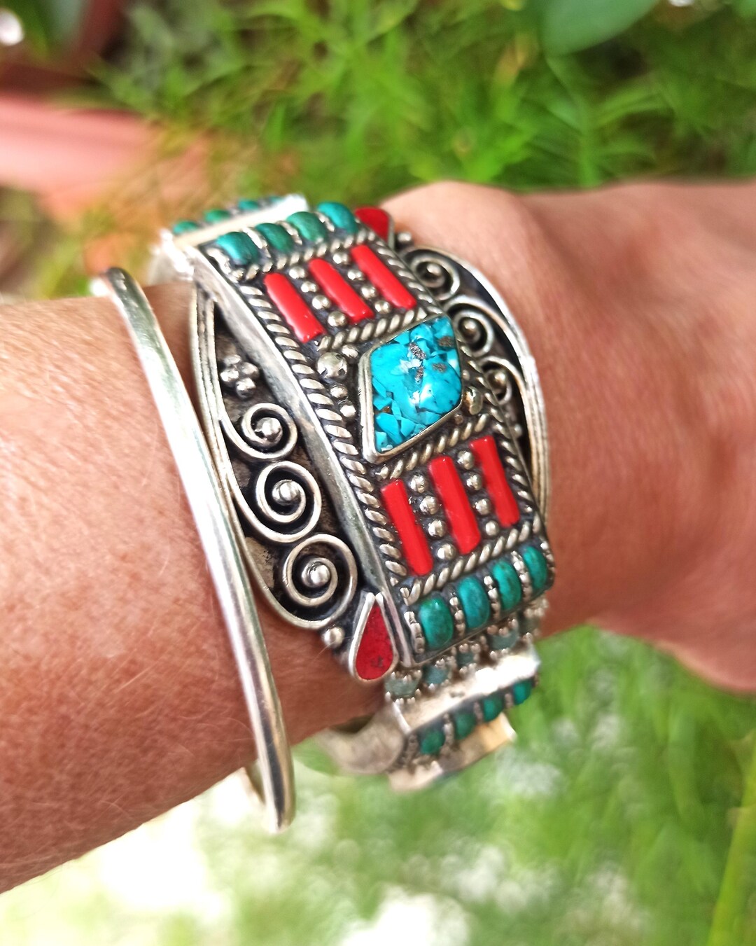 Turquoise Coral Tibetan Bracelet Antique Traditional Tribal