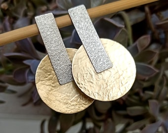 Hammered Disc Push Back Earrings Mixed Metal Brass and Sterling Silver Plated Statement Earrings Large Stud Earrings
