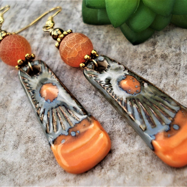 RESERVED FOR J Tribal Porcelain Ceramic Earrings Boho Earthy Artisan Earrings Antique Design Orange Grey Ceramic Charms with Frosted Agates