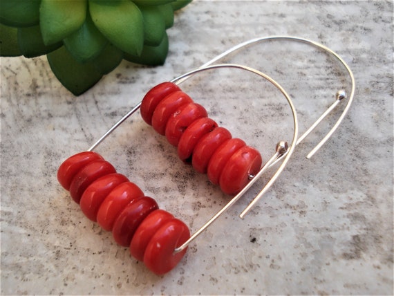 Sterling Silver Red Coral Beaded Circle Earrings Sterling Silver Red Coral Beaded Circle Earrings