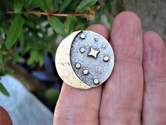 Celestial Mixed Metal Ring Moon and Stars Silver Bronze Ring