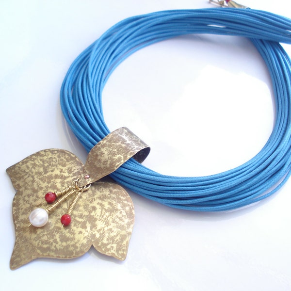 Hammered Bronze Pendant Blue Multi Strands Cord Statement Necklace Modern Metalwork Leaf Pendant with Blue Linen Cord Necklace