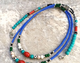 Nepalese Necklace Tibetan Turquoise Coral Lapis Lazuli Necklace Himalayan Traditional Ethnic Necklace Two Strand Ornate Delightful Necklace
