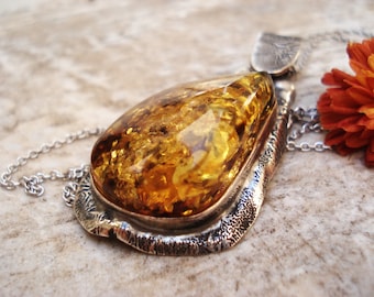 Large Cognac Baltic Amber Pendant Unisex Sterling Silver Pendant Huge Baltic Amber Sterling Silver Chain Taurus Birthstone Gemstone Necklace