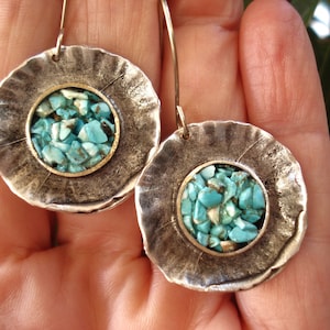 Silver and Turquoise Disk Earrings Hammered Oxidized Silver and Raw Turquoise Earrings Modern Statement Earrings Oxidized Silver Earrings