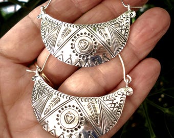 Sterling Silver Hoops Large Engraved Heart Earrings Big Crescent Moon Artisan Earrings Bohemian Hoops Tribal Sterling Silver Heart Earrings